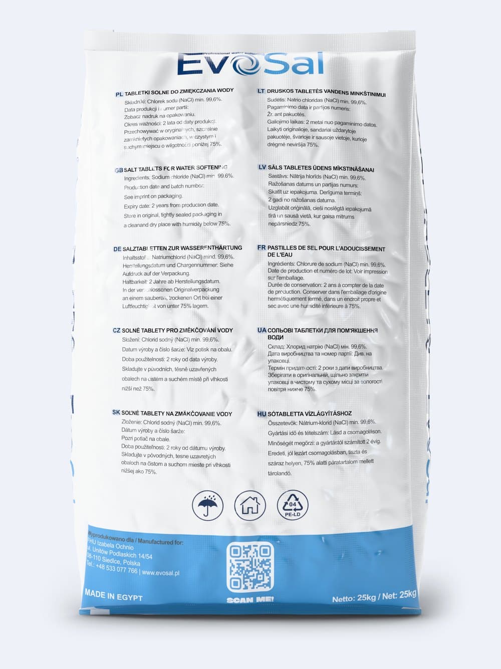 Worek tabletek solnych EvoSal 25 kg — tył z opisem produktu